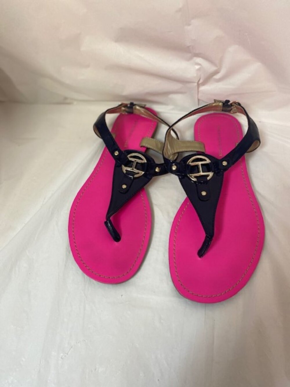 Tommy Hilfiger Navy Patent T-Strap Sandals with Pink Footbed - Women's size 7M